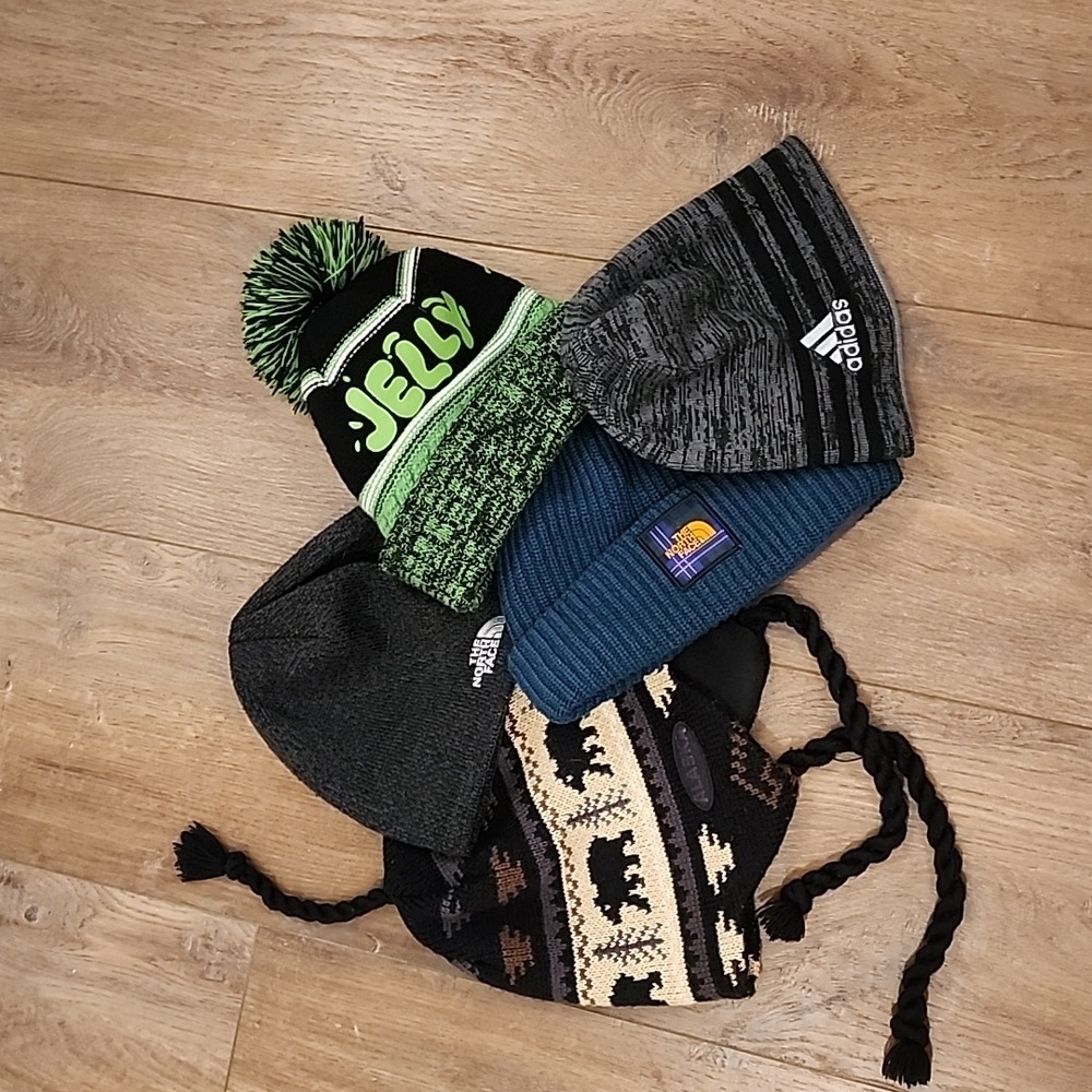 Bundle of 5 Ski Caps Beanies Winter Knit Hats Pom Pom Cozy The North Face Adidas